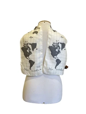 AS#Alviero Martini 1A Classe Italy Silk Scarf Map Globe Print Ivory Gray Travel - Image 1 of 4