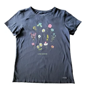 Life Is Good Womens Crusher-Lite T-Shirt Floral Print Medium Navy Blue Cotton - Picture 1 of 13