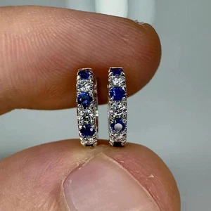 0.50CT Round Lab Grown Diamond & Sapphire Hoop Earrings For Women 14k White Gold - Picture 1 of 10