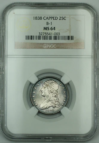 1838 *Gem BU* Capped Bust Silver Quarter NGC MS-64 B-1 Toned Cover