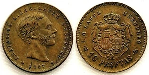 Spain-Alfonso XIII. Ficha de 10 pesetas Lauer. 1887. EBC/XF. Laton 0,6 g. - Imagen 1 de 1