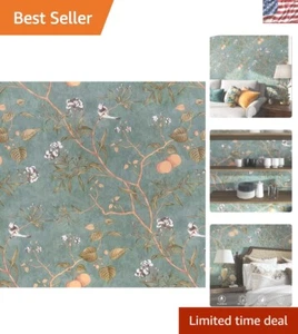 Self-Adhesive Floral Wallpaper Roll 17.5" x 393" - Green & Orange Vintage Style - Picture 1 of 10