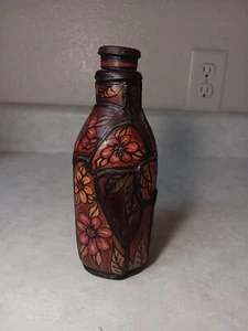 Handmade Embossed Decanter Green Bottle Vtg 6.5", cork intact, floral pattern - Picture 1 of 8