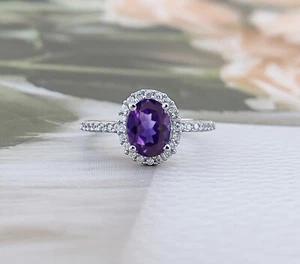 Oval Cut Genuine Purple Amethyst Halo Wedding Ring With 14K White Gold Finish - Picture 1 of 4