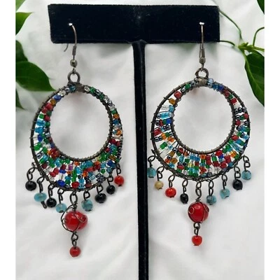 Colorful Beaded Hoop Earrings with Dangle Accents Silver Tone Seed Bead Rainbow - Image 1 of 4
