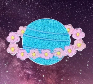 BLUE PLANET PINK FLOWER RING OUTER SPACE COSMOS ART 3M STICKER PATCH 1.5" X 2.5" - Picture 1 of 6