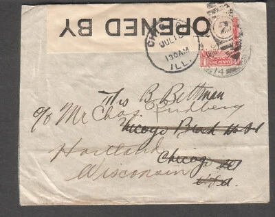 Great Britain 1916 WWI censor 1082 cover London FS14 to B Bettman Chicago fwd WI - Image 1 of 2