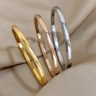 Gold Plated Bracelet Smooth Stainless Steel Bangle Metal Link Band 1 Pc - Image 1 of 4
