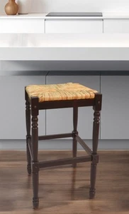 29" Natural and Espresso Wicker and Solid Wood Backless Bar Height Bar Chair - Picture 1 of 4