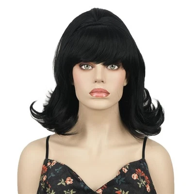 Pelucas negras cortas retro con flequillo Bouffant colmena pelucas años 50 80 disfraz hola... Foto 1 de 4
