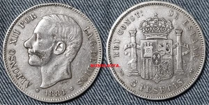 Moneda de 5 pesetas Plata de Alfonso XII año 1884*18 84. Peso 24,91 gr. - Bild 1 von 2
