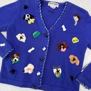 Vintage Jack B. Schnelle blaue Strickjacke mit Welpe Hund Applikation V-Ausschnitt Größe Small - Bild 1 von 14
