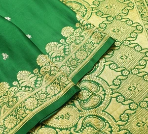 Sushila Vintage Heavy Saree Pure Satin Silk Banarasi Brocade Woven Green Fabric - Picture 1 of 15