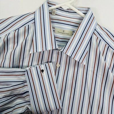 Camisa de vestir Ermenegildo Zegna para hombre 17 puños franceses azul marrón a rayas manga larga Foto 1 de 4