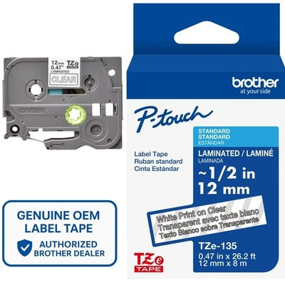 Подлинная белая прозрачная лента для этикеток Brother TZe-135 12 мм 1/2 дюйма P-Touch - Изображение 1 из 4