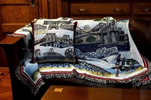 Brooklyn Landmark Set AFGHAN THROW and PILLOW Bridge Coney Island Prospect Park - Foto 1 di 12