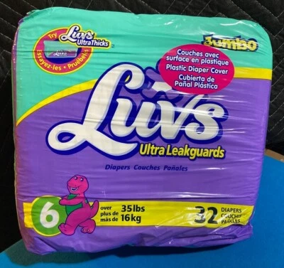 Paquete Jumbo Sellado de 32 Pañales de Plástico Luvs Talla 6 Vintage Barney ¡COMO NUEVO! Foto 1 de 4