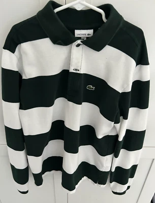 Lacoste детский мальчик размер 12 охотник зеленый и белый полоски длинным рукавом поло - Изображение 1 из 2