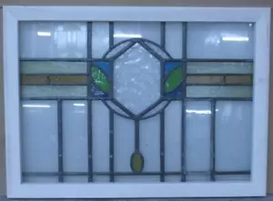 PRETTY GEOMETRIC ENGLISH LEADED STAINED GLASS WINDOW TRANSOM 27 1/4" x 19 3/4" - Picture 1 of 3