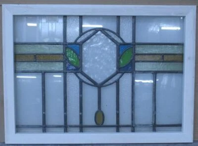 PRETTY GEOMETRIC ENGLISH LEADED STAINED GLASS WINDOW TRANSOM 27 1/4" x 19 3/4" - Image 1 of 3