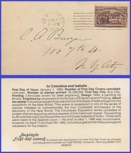 USA3 # 234 ADDR FACSIMILE FDC 5¢ Columbus Soliciting Aid of Isabella - Picture 1 of 1