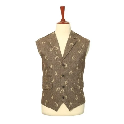 Mens Vest XL 46 Brown Wool Waistcoat Fish Animal Print Formal Wedding Party - Image 1 of 4