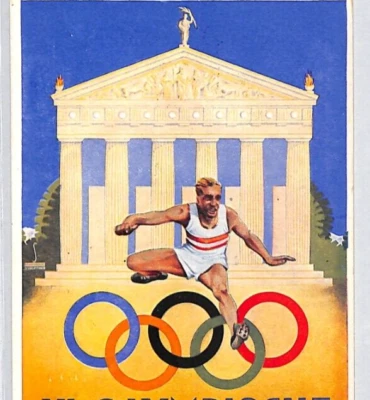 GERMANY Art Postcard OLYMPICS 1936 HURDLER 6pf FOOTBALL Stamp {samwells}PF261 - Image 1 of 4
