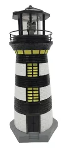 14" Resin Black White Solar Powered LED Lighthouse Lawn Statue Garden Decor - Picture 1 of 7