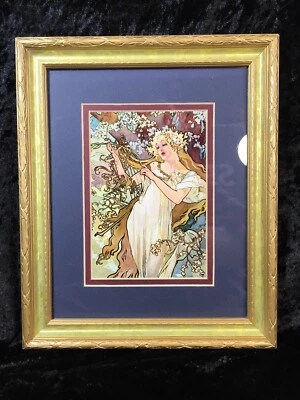 Hermosa arpa niña impresión enmarcada Alphonse Mucha Art Nouveau 9,5"x11,5" Foto 1 de 2