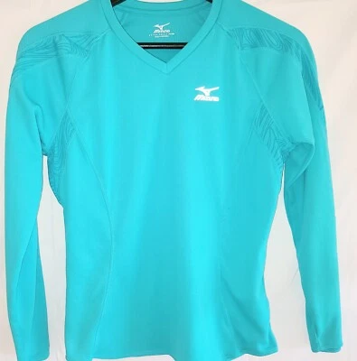 Camisa atlética pulóver turquesa manga larga cuello en V Mizuno XS para mujer Foto 1 de 4