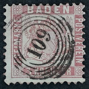 c.1862 Baden 3Kr carmine rose Coat of Arms stamp 109 ringed cds - Picture 1 of 2