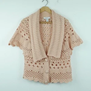 Vintage Large Cardigan Short Sleeve Boho Crochet Y2K Pastel Pink Coquette Beachy - Picture 1 of 6