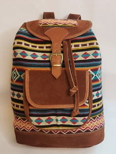 Mallky Wool & Leather Drawstring Backpack Knapsack Bag Boho Ecuador - Picture 1 of 7