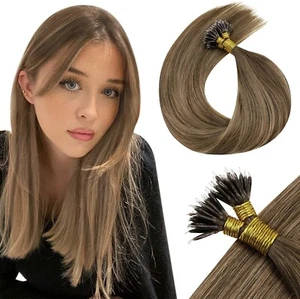 LaaVoo Nano Beads Human Hair Extensions Balayage Light Brown Fading to Dark Hone - Picture 1 of 9