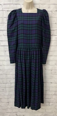 Laura Ashley Size 10 Vintage 80’s Plaid Wool Maxi Dress Green Purple Tartan - Image 1 of 4