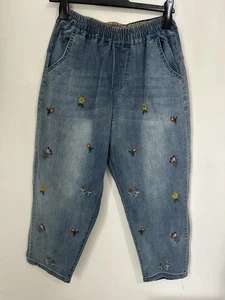 Embroidered Pull On Blue Jeans, Elastic Waist Uk 8-12 Barrel Leg Style Jeans - Picture 1 of 9