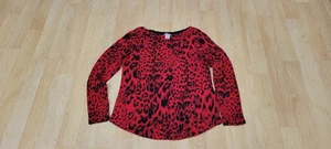 WEEKENDS BY CHICO'S WOMEN'S LEOPARD SWEATER 3/4 SLEEVE RED BLACK RAYON SIZE 0 - Picture 1 of 3