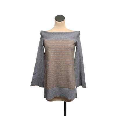 Anthropologie Sweater Womens Small Gray Tan Striped Off Shoulder Pullover Casual - Image 1 of 4