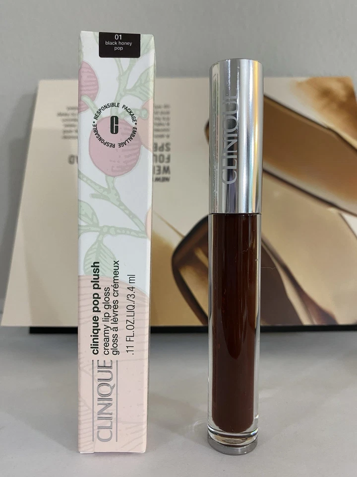 Clinique Pop Plush Creamy Lip Gloss #01 Black Honey Pop 0.11 oz/3.4 ml Full Size