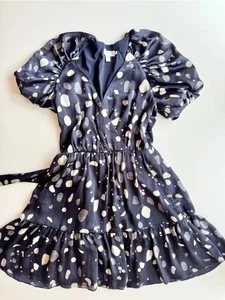 TED BAKER Steviee Navy Polka Dot Puff Sleeve Faux Wrap Skater Dress, Size 1 UK 8 - Picture 1 of 9