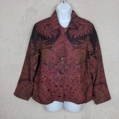 NWT Coldwater Creek Jacket Women Medium Burgundy Wool Paisley Embroidery Beaded - Image 1 of 4