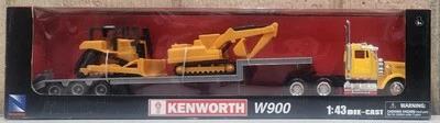 New-Ray 1:43 Scale Long Hauler Kenworth W900 Flat Trailer with Excavator & Dozer - Image 1 of 4