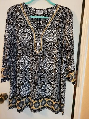 JM Collection XL Bohemio Mujer Pullover Túnica Top Paisley Negro/Blanco Floral Foto 1 de 4