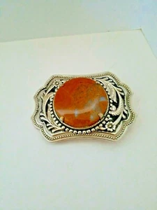 Belt Buckle Silver Tone Brown Polished Stone Flower Etched - Picture 1 of 2