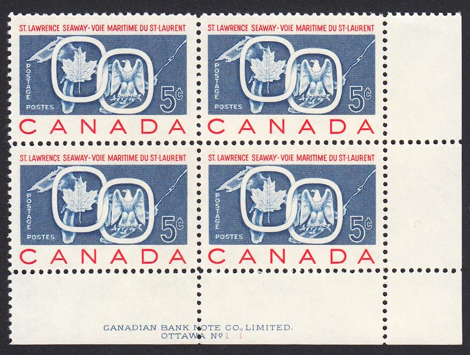 ST.LAWRENCE SEAWAY, EAGLE, MAPLE LEAF * CANADA 1959 #387 MNH LR BLOCK of 4 PL#1 - Image 1 of 1