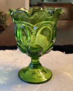 L E Smith Glass Green Moon And Star 5 5/8 Inch Vase or Compote Scalloped Top - Picture 1 of 12