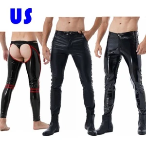 Mens Punk 80's Rock Trousers Faux Leather Pants Tight Gothic Motor Biker Pants - Picture 1 of 44