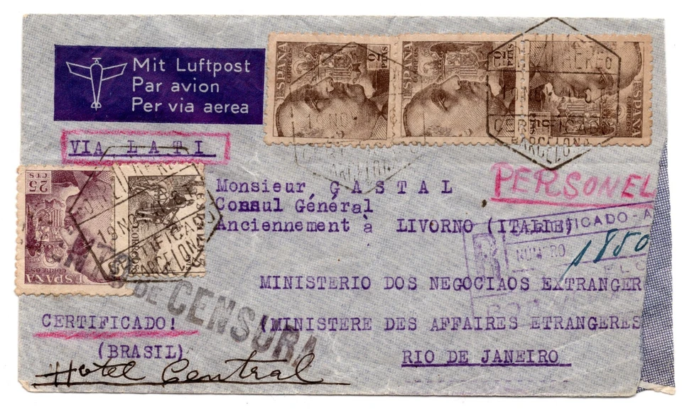SPAIN 1941 TO BRAZIL POST CIVIL WAR COVER BARCELONA CENSORED TO RIO DE JANEIRO - Image 1 of 2
