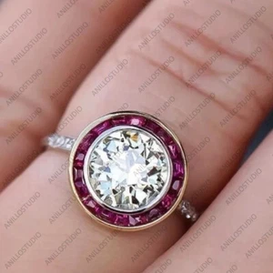 Diamond & Princess Ruby Halo Wedding Engagement Band Ring 925 Sterling Silver - Picture 1 of 4