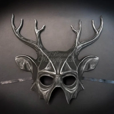 Deer Animal Masquerade Mask, Men's Masquerade Mask, Silver Black Ball Mask - Image 1 of 4